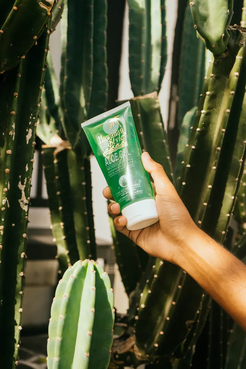 Hawaiian Style Aloe Gel held up against a backdrop of cactus plants